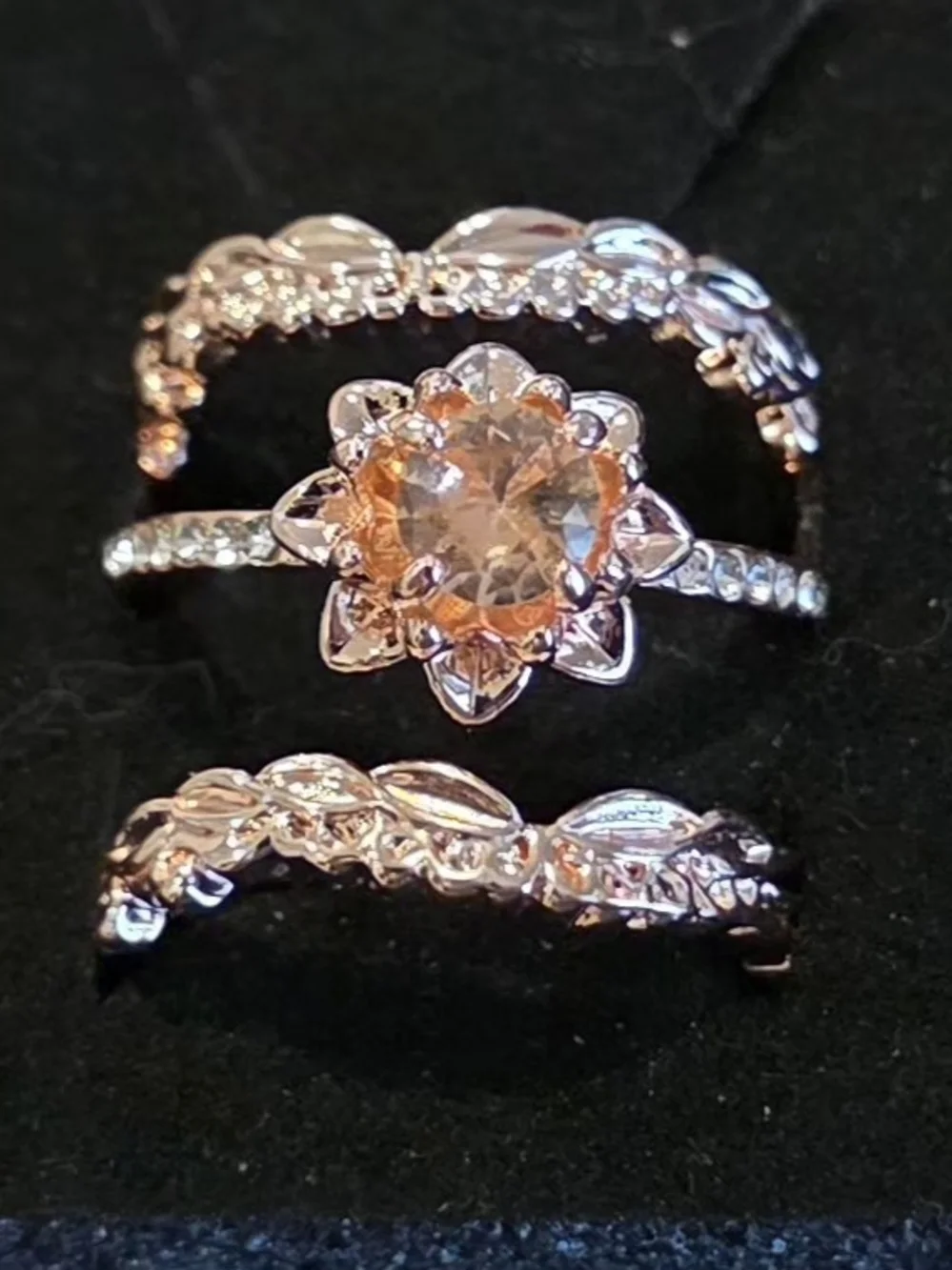 NWT Sterling Silver Rose Gold Floral Ring Set | Size 9 | Champagne CZ | 3-Piece